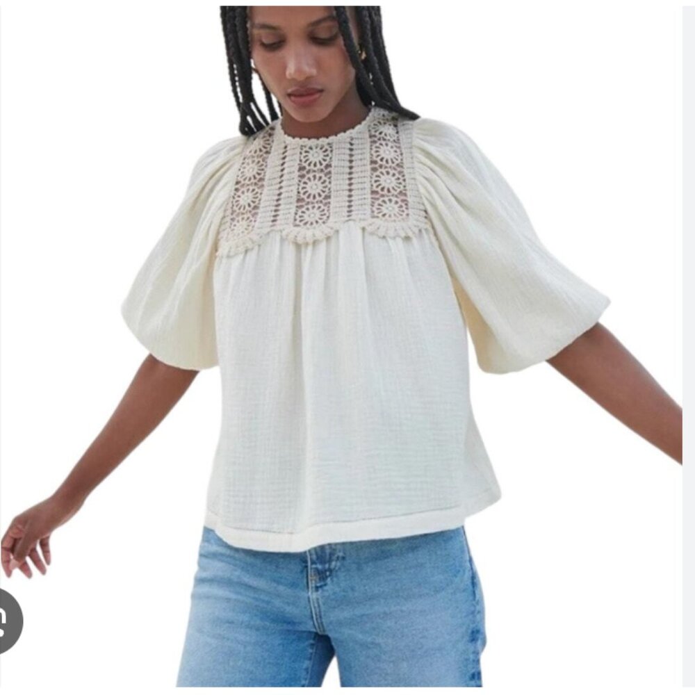 Saylor Nakai Blouse Boho Cream Crochet Peasant Top Cottage Prairie Gauze Size XS
